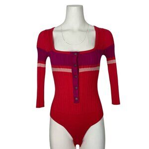 Free People Intimately Cocoa Bodysuit S Red Combo Striped Ribbed Knit Henley
